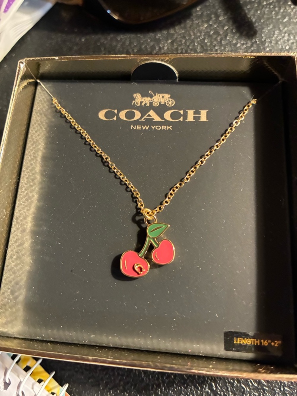 COACH Gold Chain Cherry Pendant Necklace - Red & Green